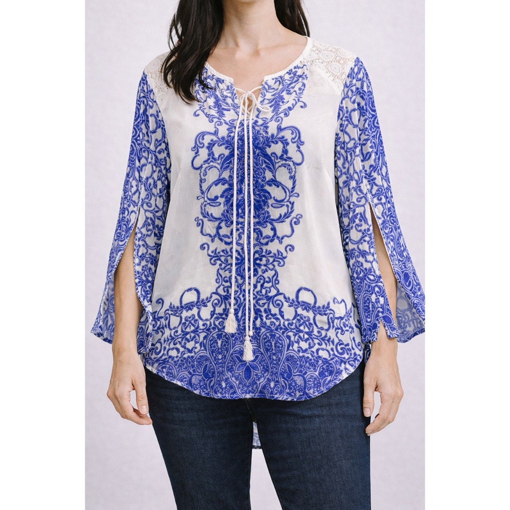 Anthropologie Fig and Flower Blue White Peasant Sheer Bell Sleeve Blouse Top Med